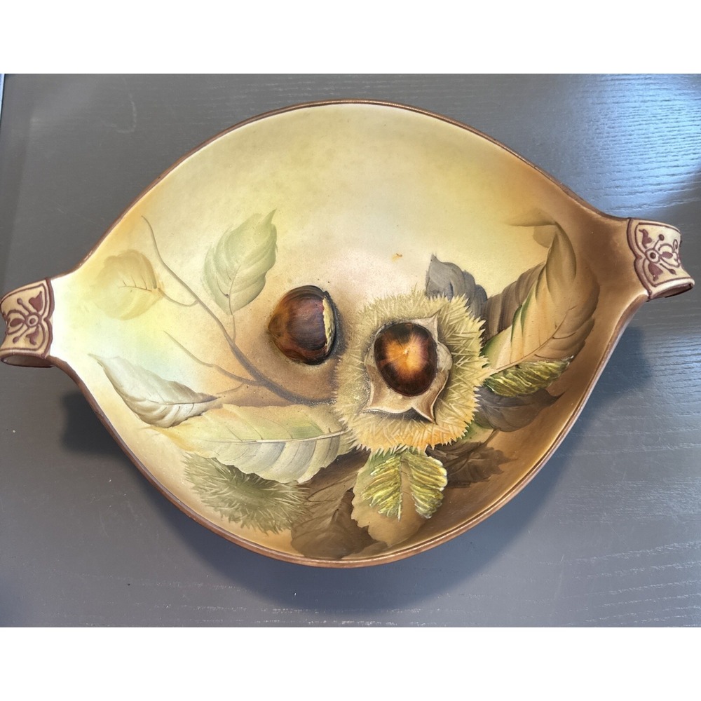 Vintage Nippon Hand Painted 2 Handle Bowl 3D Chestnut 7"